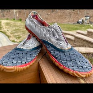 Sorel slip on distressed sneakers in denim basket weave and blue/white chambray